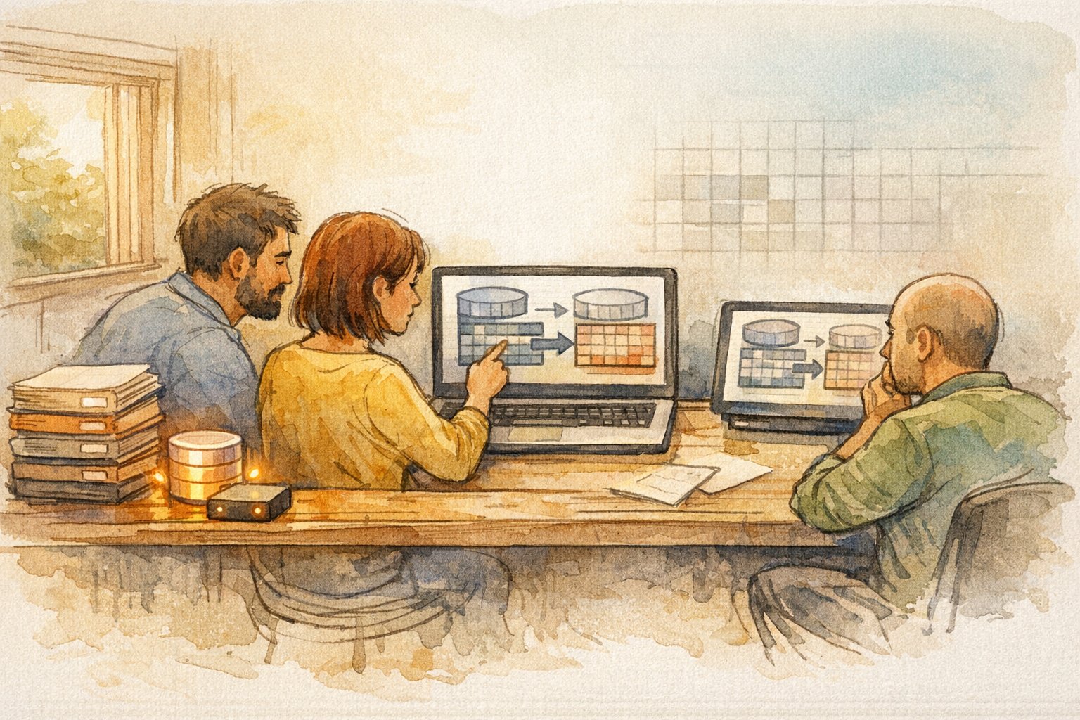 WP データベース SQL での一括置換前にバックアップと検証を行うチーム作業シーン