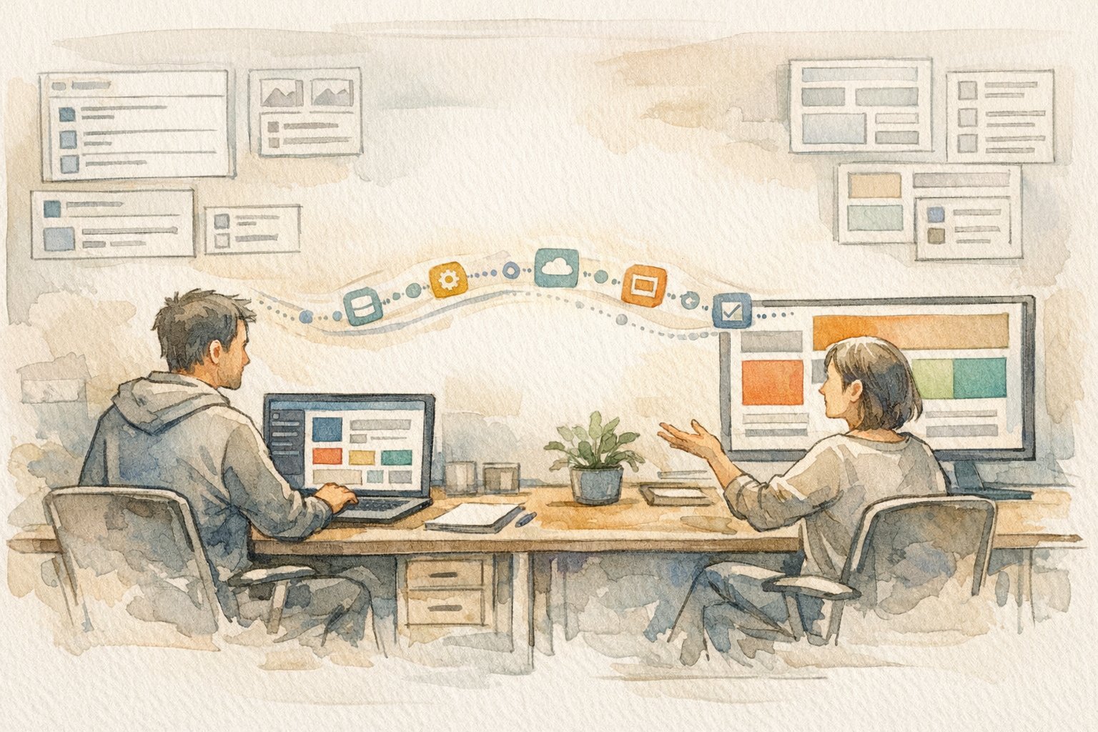 WordPress REST API 活用事例を象徴的に描いた制作フローとUI設計のイラスト
