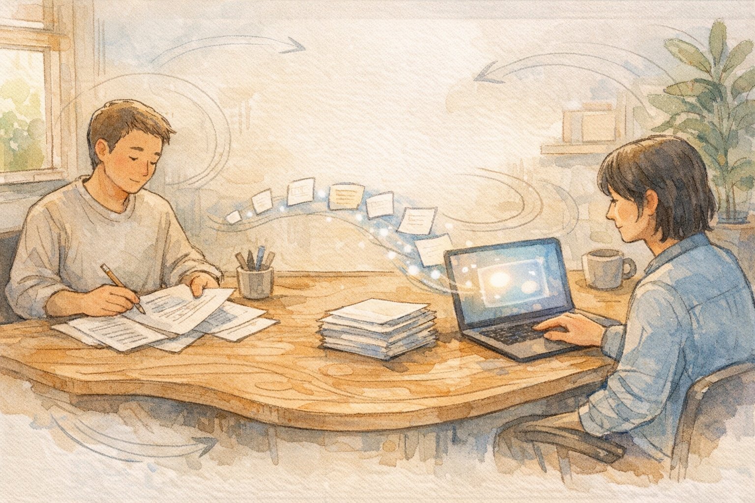 文章校正AIの精度を人と分業して高める運用プロセスを示す温かなイラスト