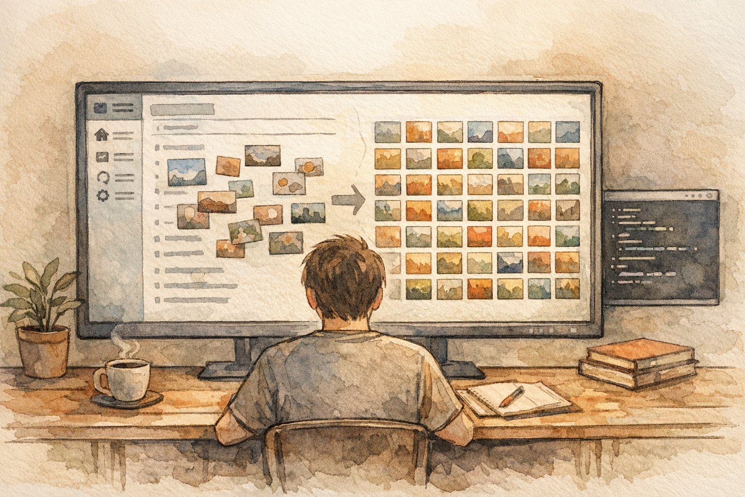 WP 記事一覧の サムネイルサイズ 一括変更を検討する静かなデスクワーク風景