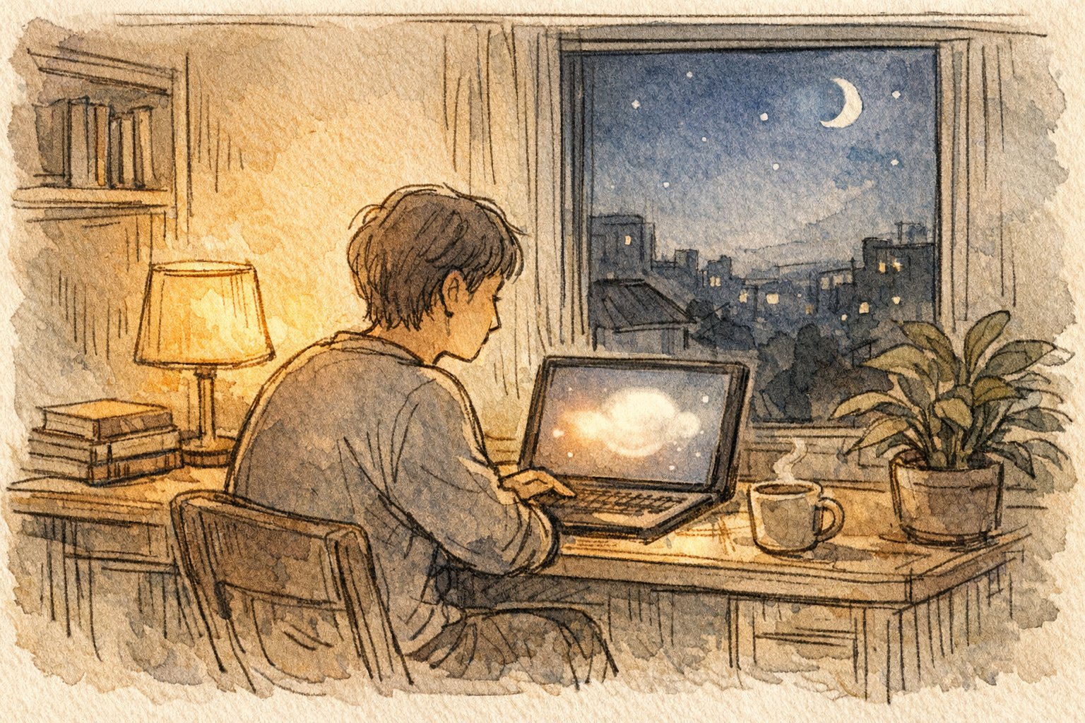 静かな夜の部屋でAIと穏やかに対話する大人、AI と 孤独 の 解消というテーマを象徴的に描写