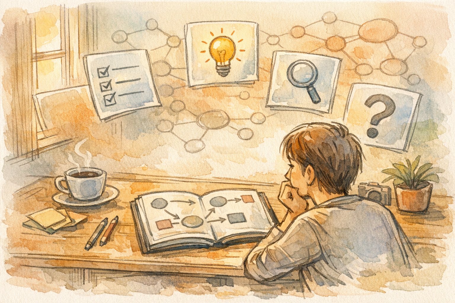 検索意図を整理しながら記事 構成案 テンプレートを練る個人ブロガーの机上シーン
