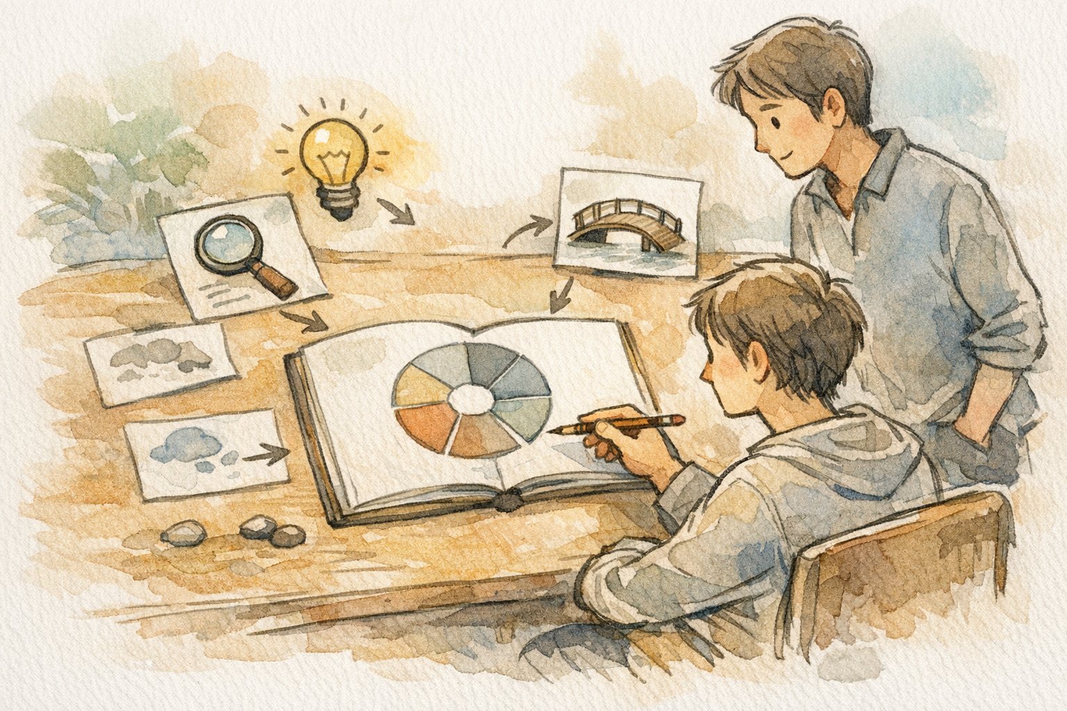 静かなデスクで記事 構成案 テンプレートをノートに描く大人と思考プロセスのイラスト