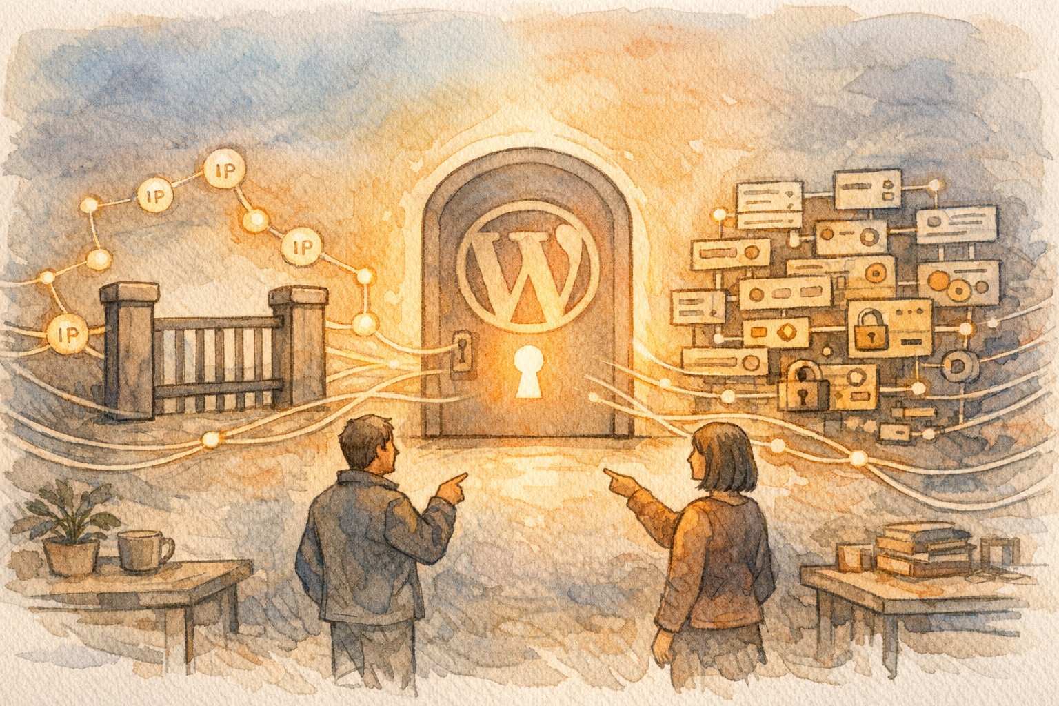 WordPress ログイン画面 へのアクセス制限(IP制限)をゲートと設定で比較検討するイラスト