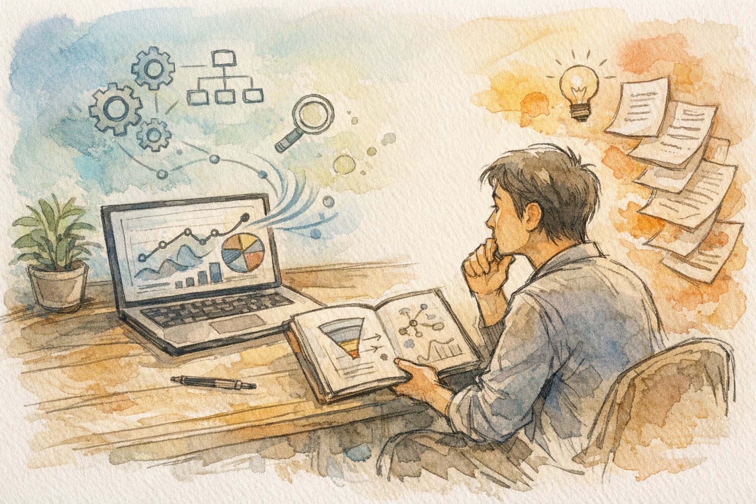 AI時代に変化するSEO 診断 ツールと人の洞察の協調を象徴的に描いたイラスト