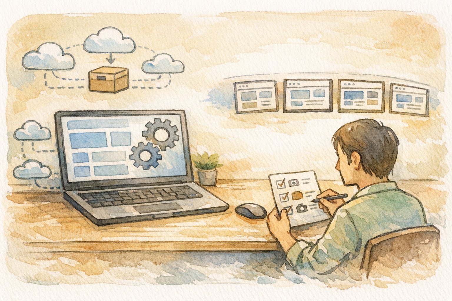 WP サイトの スナップショット 保存方法を象徴する、自動バックアップと手動確認の調和した作業風景