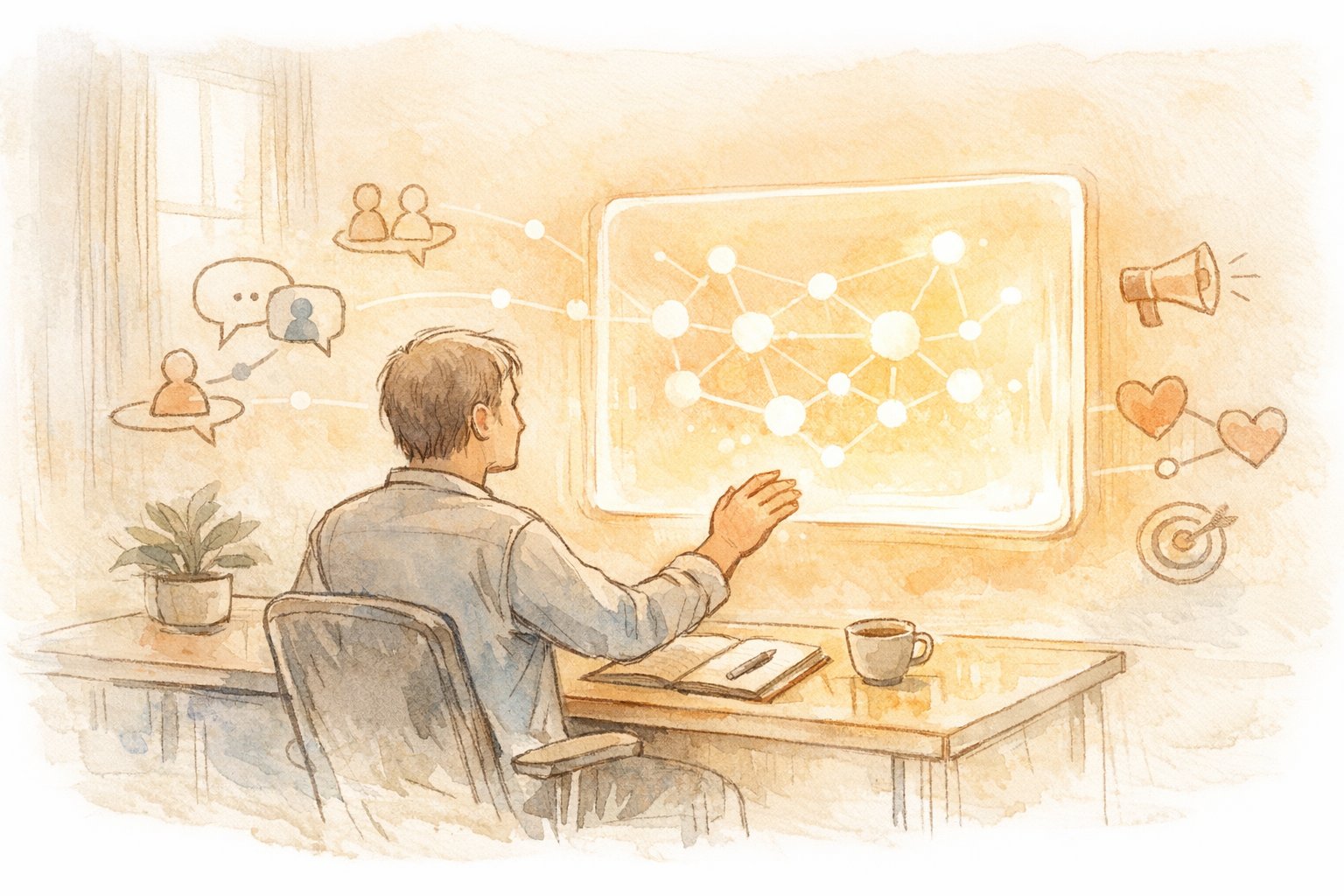 AI と 人間 の 感情 的 繋がりを静かに整理するビジネスワークスペースの温かなイラスト