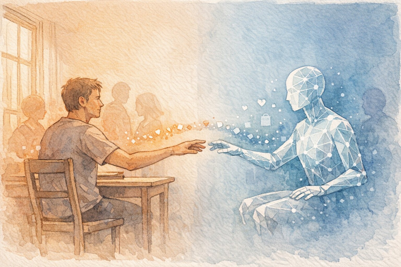 AI と 人間 の 感情 的 繋がりと倫理的グレーゾーンを示す抽象的イラスト