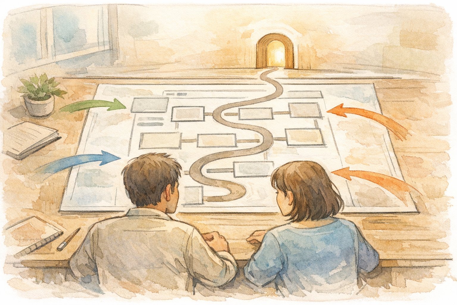 ユーザー視点でサイト診断 やり方を見直す観点を共有する静かな机上イラスト