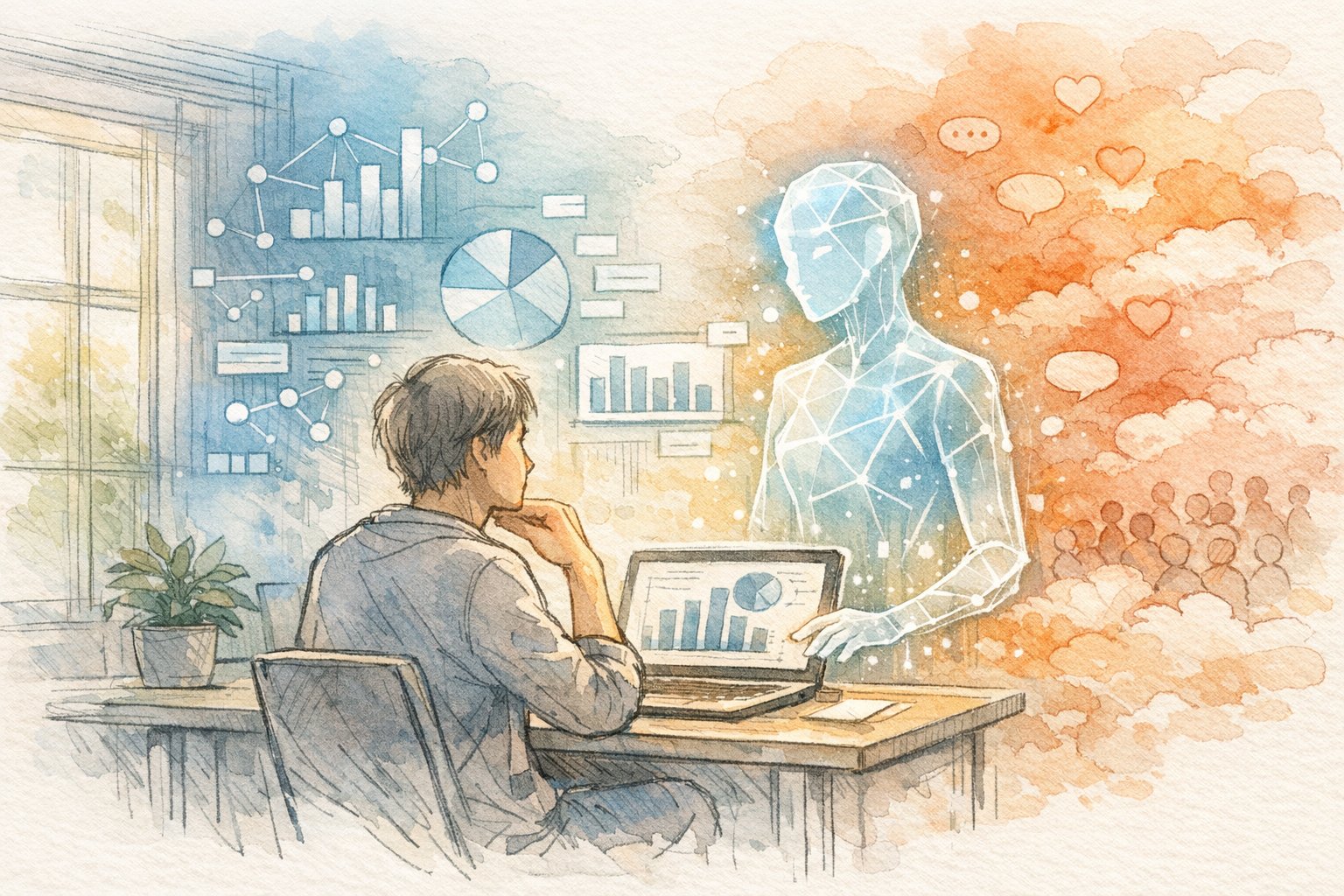 生成AI 普及後 の 「人間らしさ」 の 定義を象徴する、人とAIが協働するマーケティング作業風景