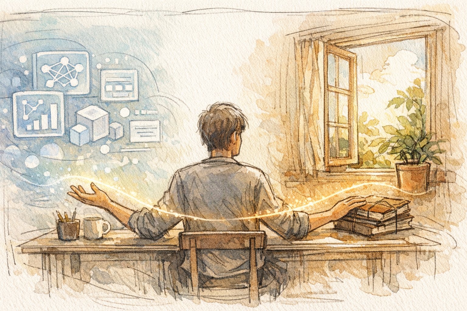 生成AI 普及後 の 「人間らしさ」 の 定義を考える大人がAIツールと手書きノートを前に静かに思索する姿