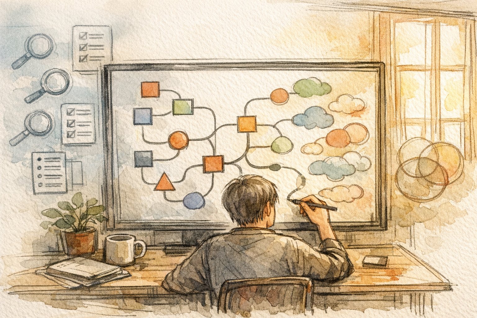 キーワード 抜け漏れ チェックを行う静かなデスクワーク環境と人の観察を描いたイラスト