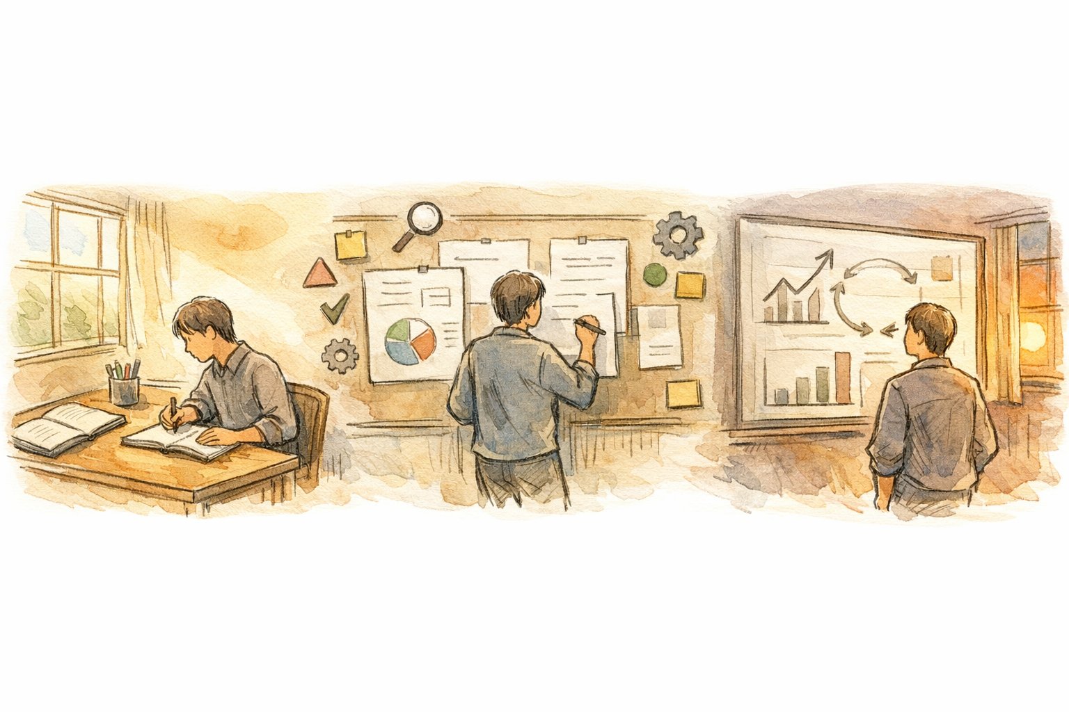 キーワード 抜け漏れ チェックの運用フローと見直しタイミングを示す手描きイラスト
