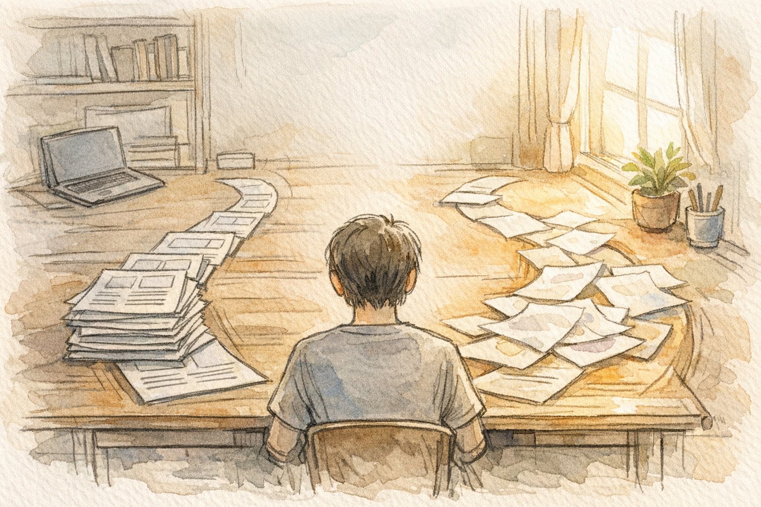 SEO ライティング 講座で、テンプレートと自由な発想のバランスに悩む大人の机上イラスト