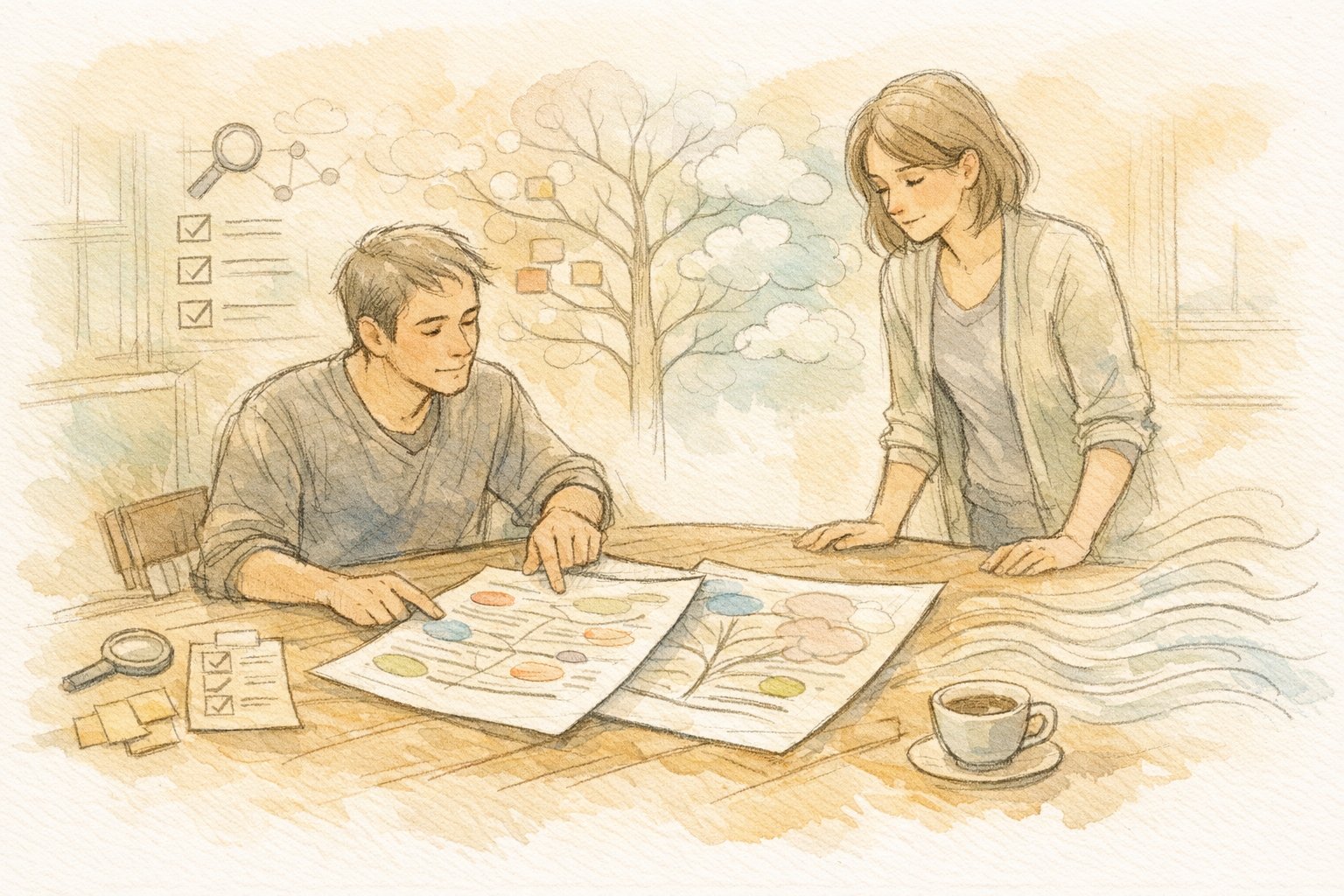 SEO ライティング 添削で二人が原稿を比較し、思考プロセスや優先度の違いを可視化したイラスト