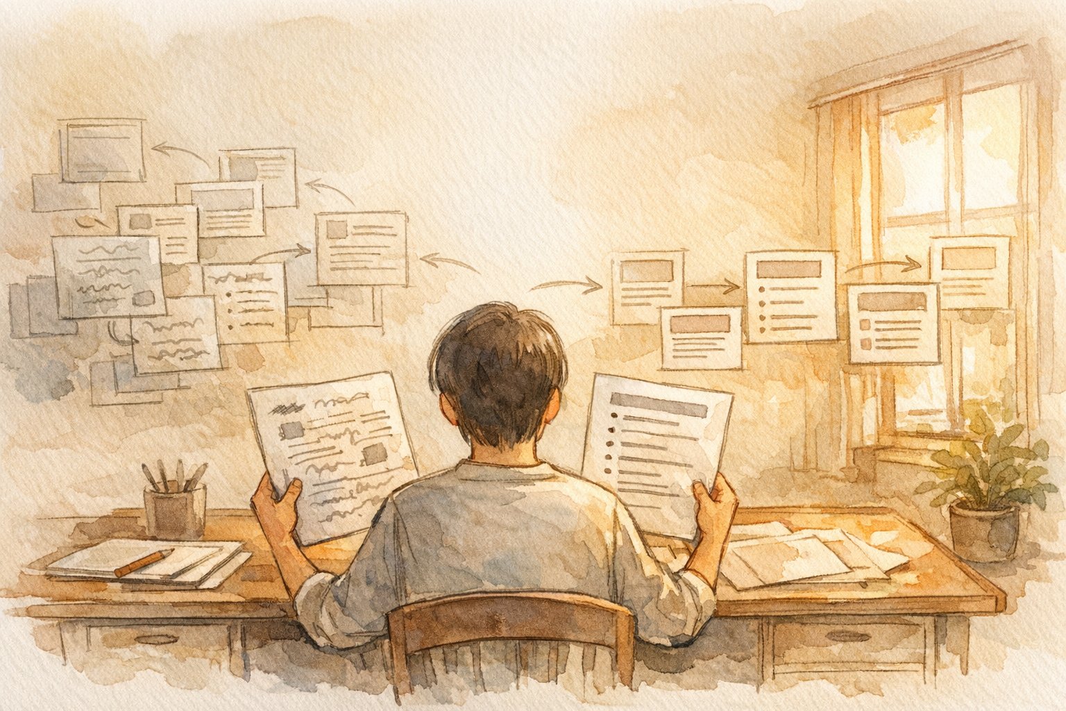 SEO ライティング 添削で記事構成を整理する姿勢、散らかった案と整理されたアウトラインの対比