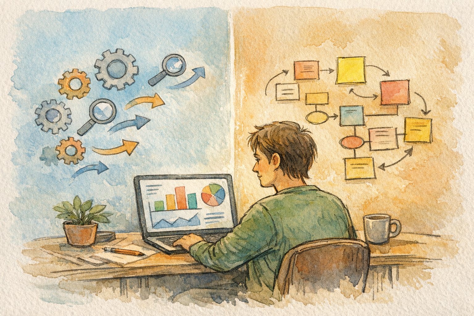 自社運用 SEO ツールと人の判断が調和するデスクワーク風景、バランスの取れた活用イメージ