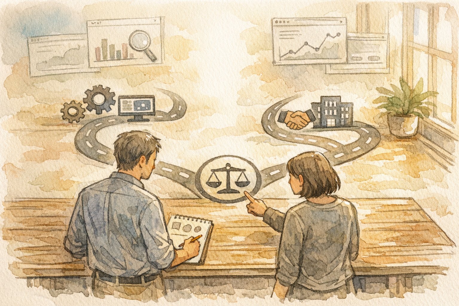 自社運用 SEO ツールの導入を検討し、内製か外部活用かを静かに比較検討する様子