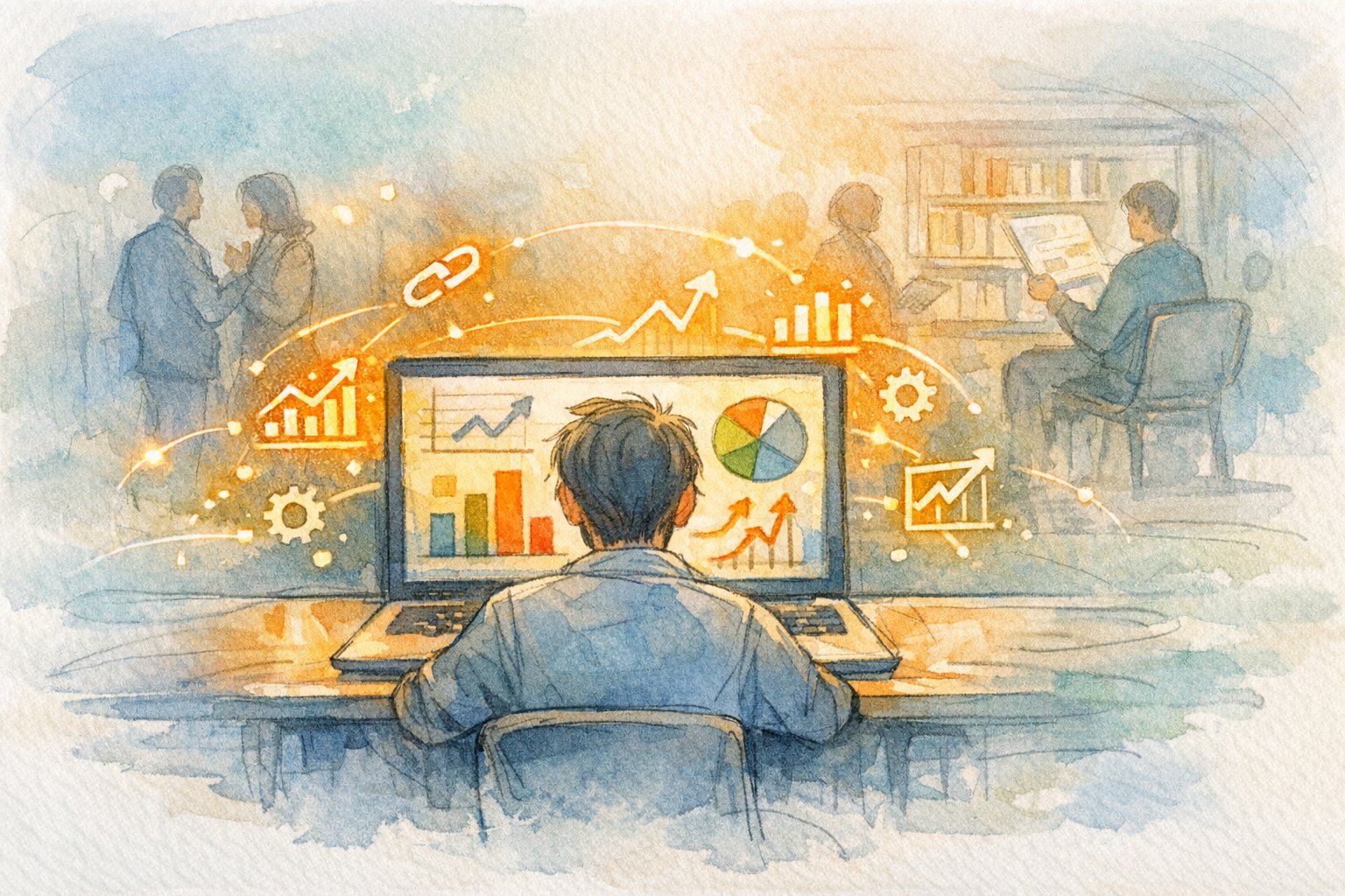 月額制 SEO ツールで可視化される指標と数値化しにくい信頼関係の対比を描いたイラスト