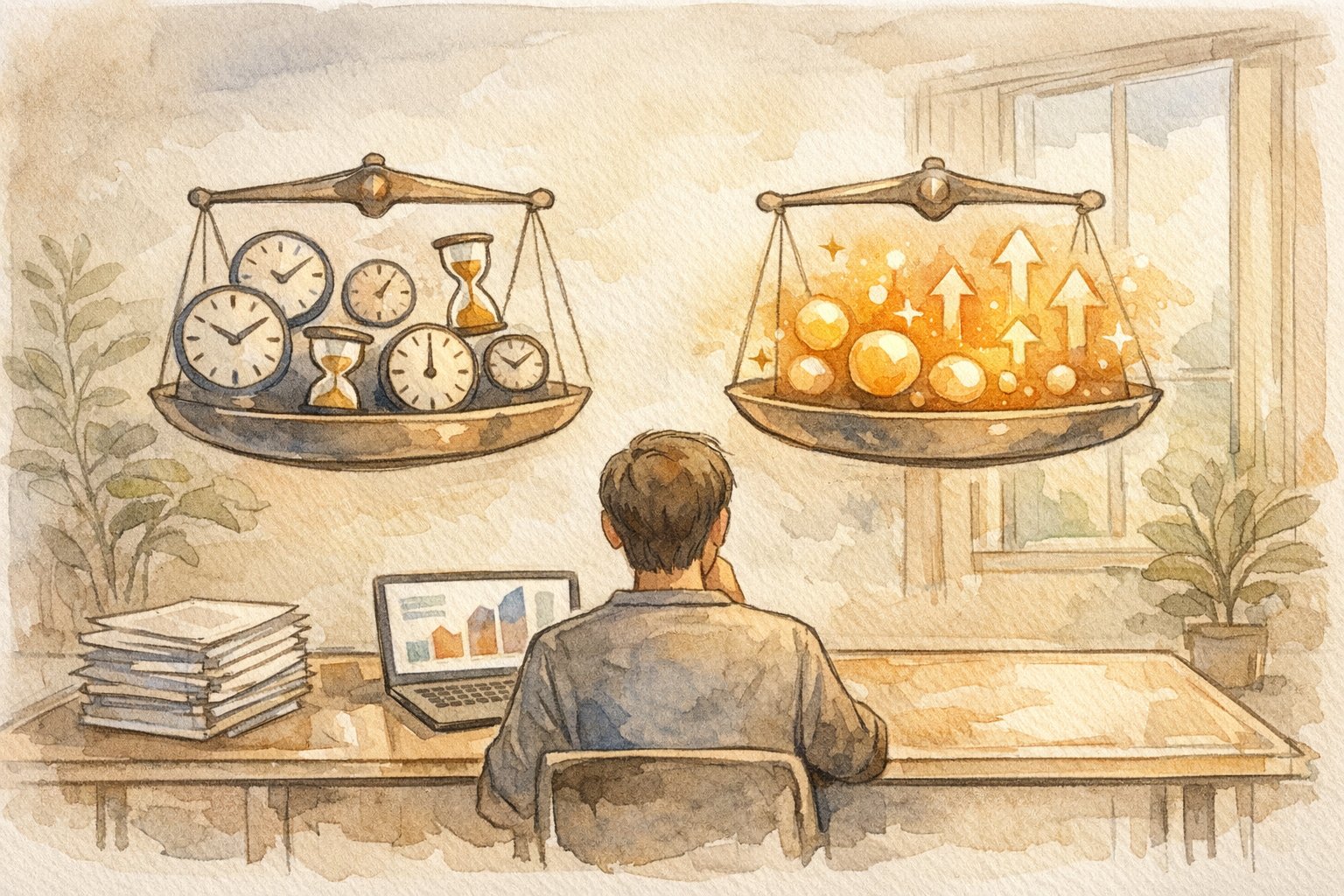 月額制 SEO ツールの費用対効果を時間短縮と成果向上の天秤で考えるイラスト