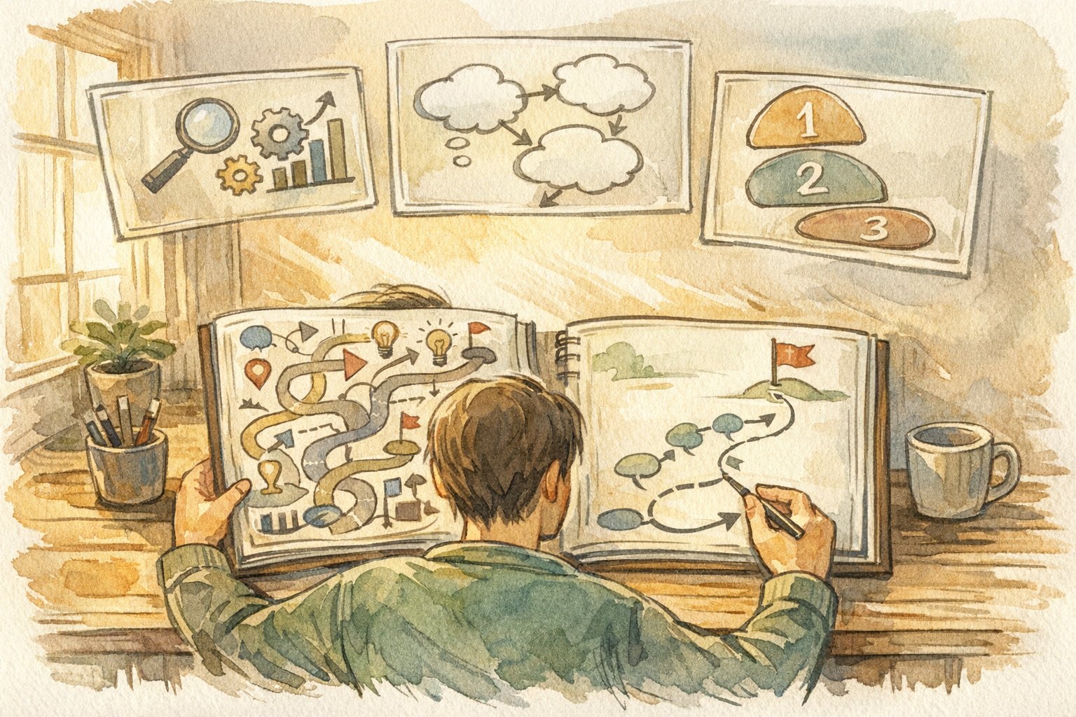 他人のSEO ツール 成功事例を自分用のシンプルな実行ロードマップへ写像する様子