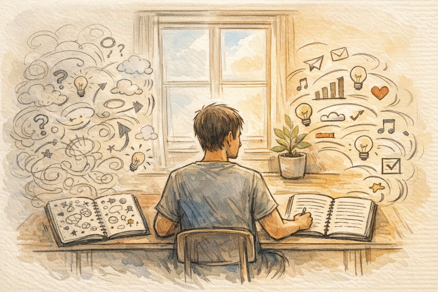 思考と執筆を分けて整理するデスクワーク風景、1日 10記事 書く方法のイメージ