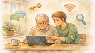 高齢者 向け AI 活用 支援を受けながらタブレット操作に挑戦する高齢者と若者の対話的な様子