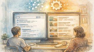 WordPress 記事要約 AI 自動表示による検索前後の要約表示を比較検討するイラスト