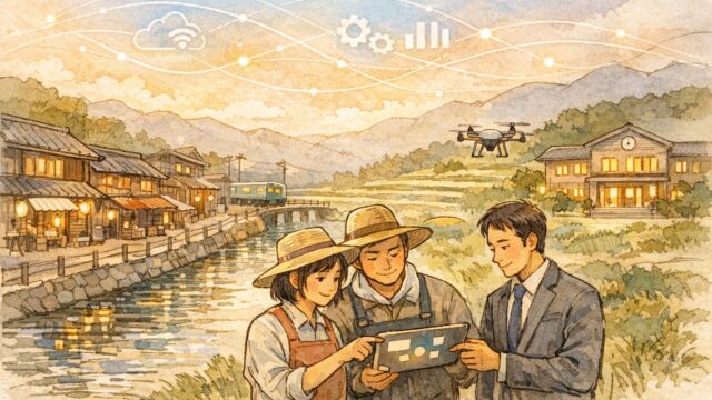 地方創生 AI 活用事例、観光と農業と行政担当者がタブレットで地域データを共有