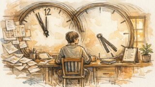 記事構成作成の時間短縮を意識しつつ質とのバランスに悩む執筆デスク風景