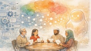 AI 翻訳 による 文化交流 の 変容を象徴する、人々と技術進化を描いた暖かなイラスト