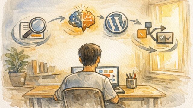 AI 生成コンテンツ の WP 投稿自動化ワークフローを俯瞰した手描きイラスト