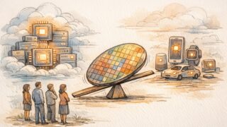 クラウドとエッジ端末を天秤のように隔てる半導体ウェハで、半導体不足 と AI 発展 の 関係を象徴的に描写