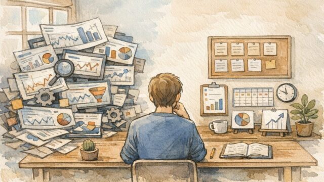 複雑なダッシュボードとシンプルな分析を比較し、SEO ツール 失敗しない 選び方を考えるワークスペース