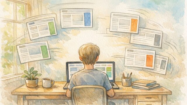 WP 投稿ごとに 異なるサイドバーを表示するレイアウトを検討する作業机の様子