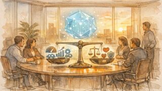 AI ガバナンス と 企業倫理の交差点、効率と責任のバランスを象徴する会議シーン