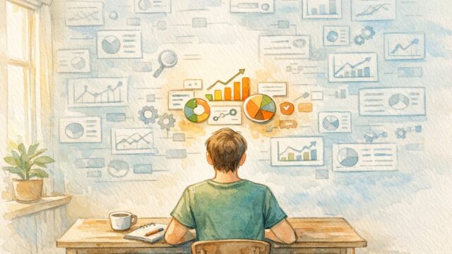 高機能 SEO ツールの膨大なデータから重要指標だけに集中し冷静に分析するビジネスパーソン