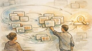 WordPress カスタム投稿タイプ SEO 対策を意識した情報設計を俯瞰し整理する作業場のイラスト