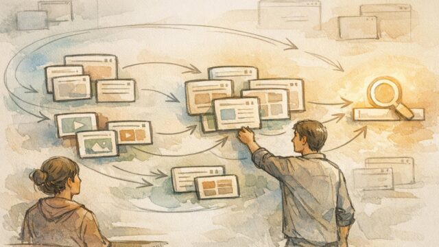 WordPress カスタム投稿タイプ SEO 対策を意識した情報設計を俯瞰し整理する作業場のイラスト