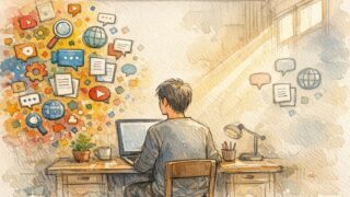 プロ仕様 ライティングツールと日常の執筆とのギャップを静かに見つめる人物のイラスト