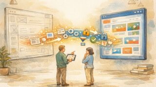 WordPress 本番環境とテスト環境の 同期方法を検討する二人と双方向に流れるデータの概念図