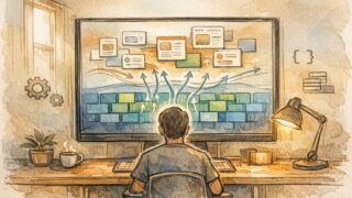 WP データベース SQL での一括置換を俯瞰し、隠れたデータ層と表層コンテンツの関係を示すイラスト