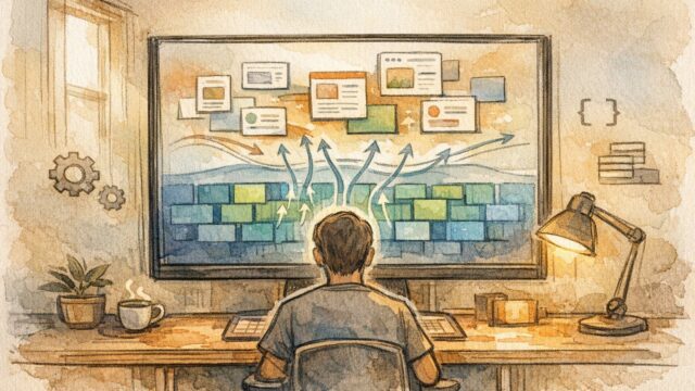 WP データベース SQL での一括置換を俯瞰し、隠れたデータ層と表層コンテンツの関係を示すイラスト