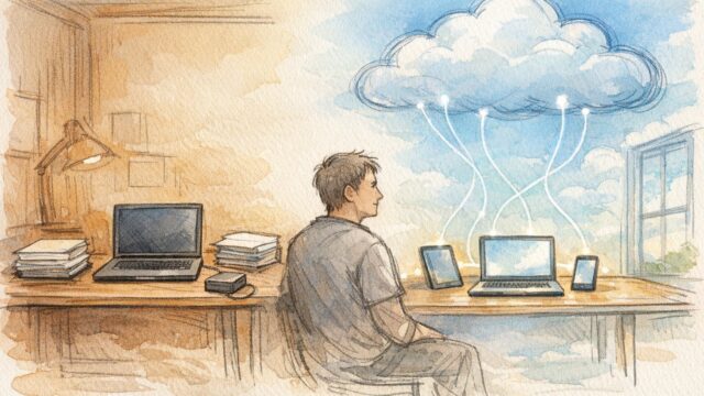 クラウド型 ライティングツールとローカル環境を対比した執筆ワークスペースのイラスト