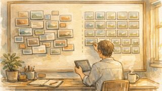WP 記事一覧の サムネイルサイズ 一括変更で、机上で乱れた画像が整列していく様子