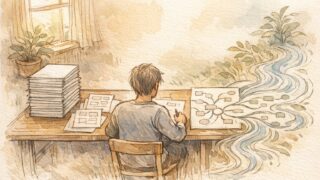 記事 構成案 テンプレートで散らかったアイデアを整理し流れに導く手描きイラスト