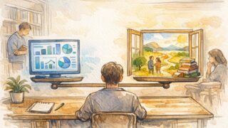 SEO 診断 ツールのスコアと検索意図を天秤にかけて整理するデスクワーク風景