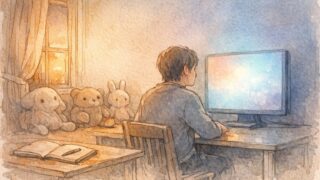 静かな部屋でAIと向き合う大人の姿を描いた水彩風イラスト, AI と 人間 の 感情 的 繋がりを象徴