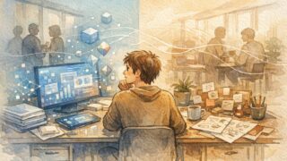 生成AI 普及後 の 「人間らしさ」 の 定義を象徴するオフィスでAIと人の役割を考える社員