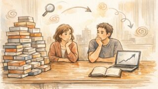 SEO ライティング 講座が量産される現状と、本質的な価値を見直す思索的な対比イラスト